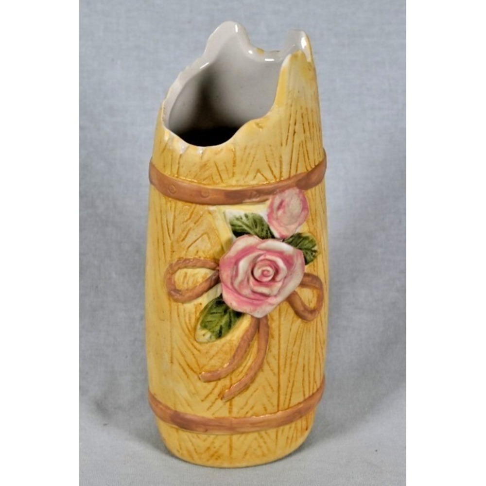 Deluxe Imports Barrel Vase with Rose Broken Top 7 Inch Vintage Decor